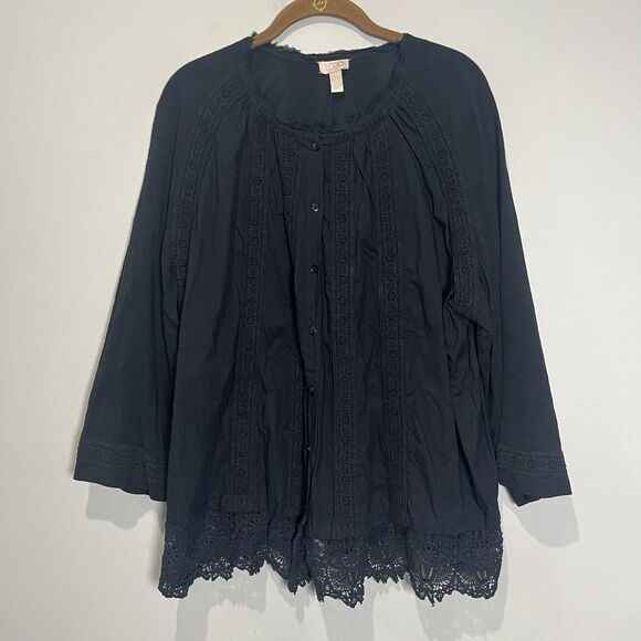 Logo Lavish Lori Goldstein Blouse Women’s XL Black Embroidered Boho Whimsigoth - Picture 1 of 7
